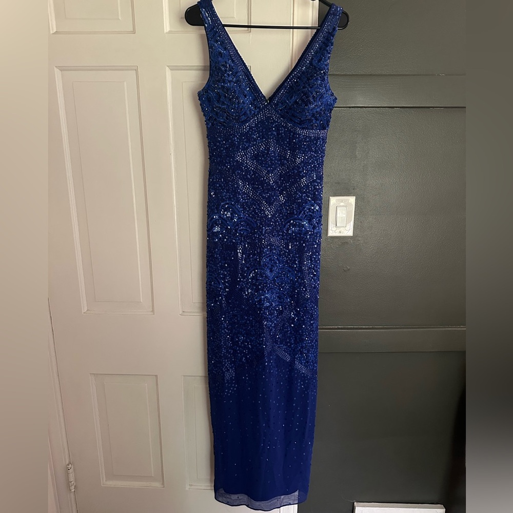 Aidan Mattox Sequin Beaded Gown Mother of Bride Groom Dress V Neck Blue Wedding
